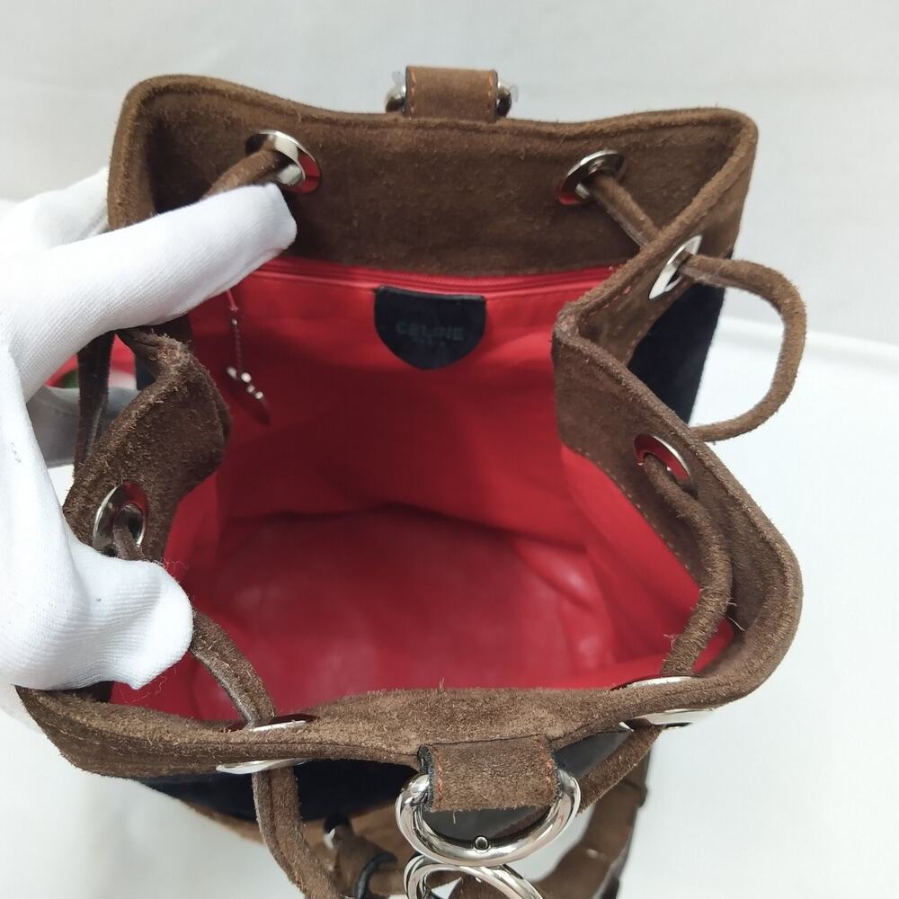 CELINE Multicolor Suede Leather Pockets Drawstring Bucket Satchel Shoulder Bag - Picture 8 of 16